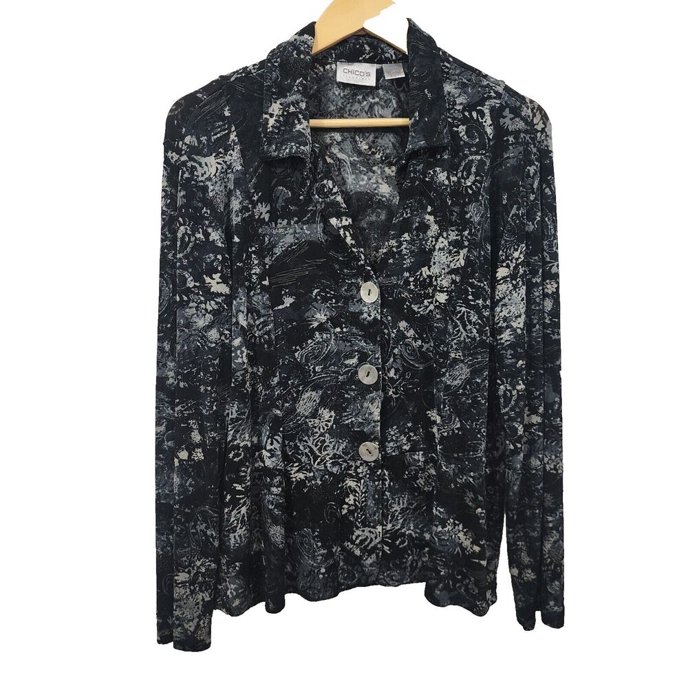 Chicos Travelers Slinky Top Gray Paisley Long Sleeve Button Front Women's L/12